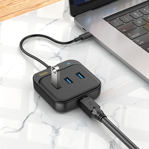 USB Хаб (HB35) с 1 Type-C на 3 USB 3.0+RJ45, HOCO, L=0.2M, черный