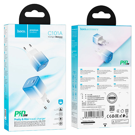 Сетевое зарядное устройство, 1 PD 20W + 1 USB 3.0 QC (C101A), HOCO, голубой с белым