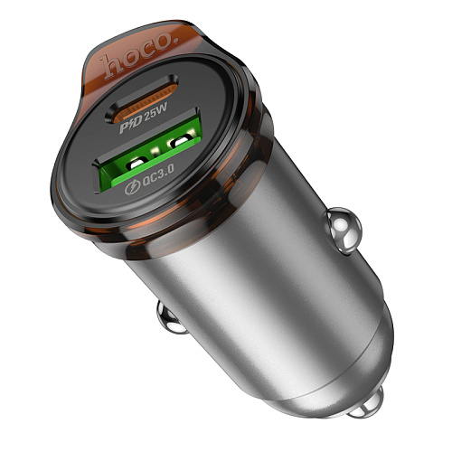 Автомобильное зарядное устройство, 1 USB QC3.0 18W, 1 PD 25W (NZ16A), HOCO, серый