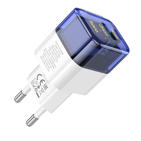 Сетевое зарядное устройство, 1 PD 30W + 1 USB 3.0 QC (C131A), HOCO, прозрачный с синим