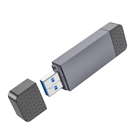 Картридер 2 в 1, USB/Type-C 3.0, HB45, HOCO, поддержка TF/SD карт, серый