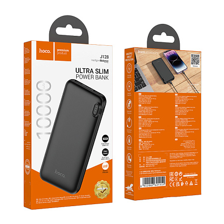 Универсальный Доп. Аккумулятор 10000mAh, J128, HOCO, выход: 2 USB (5V/2A), черный