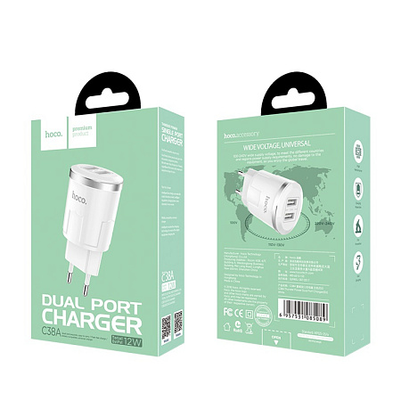 Сетевое зарядное устройство, 2 USB 2.4A (C38A), HOCO, белый