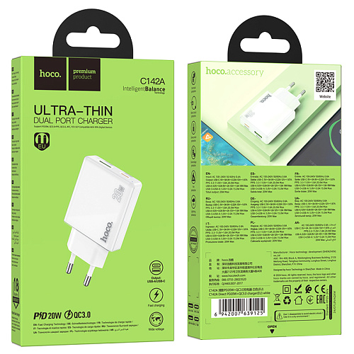 Сетевое зарядное устройство, 1 PD 20W + 1 USB 3.0 QC (C142A), HOCO, белый