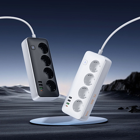 Сетевой фильтр на 4 розетки+3 USB+1 PD(30Вт), 3 м, AC22, Sunlight, HOCO, черный