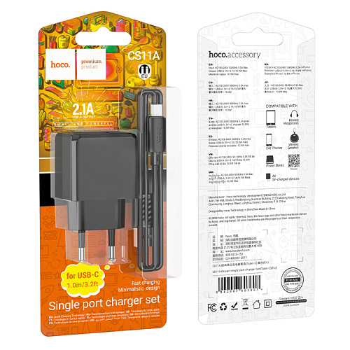 Сетевое зарядное устройство, 1 USB 2.1A (CS11A), HOCO, Type-C, черный