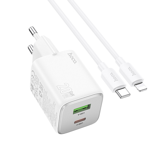 Сетевое зарядное устройство, 1 PD 20W + 1 USB 3.0 QC (N41), HOCO, Type-C to Lightning, белый