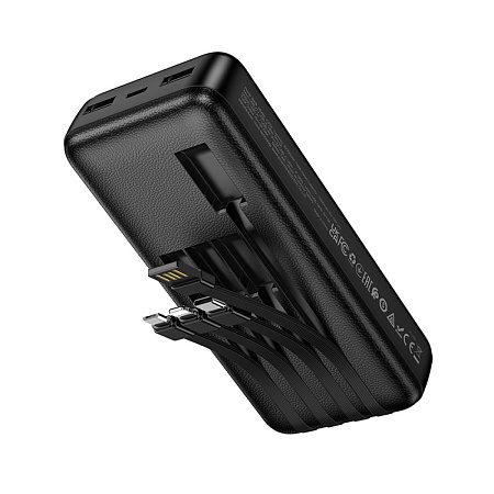 Универсальный Доп. Аккумулятор 20000mAh, J163A, HOCO, выход: 2 USB, 1 PD (20W), кабель: Type-C, Lightning, Micro, черный