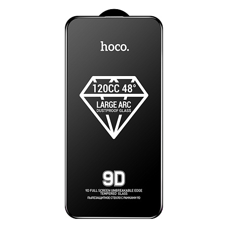 Защитное стекло на iPhone 13 (6.1)/13 Pro/14/16e, A34, HOCO, 9D large arc dustproof glass, черное