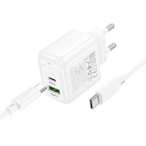 Сетевое зарядное устройство, 1 PD 30W + 1 USB 3.0 QC (CS55A), HOCO, Type-C to Type-C, белый