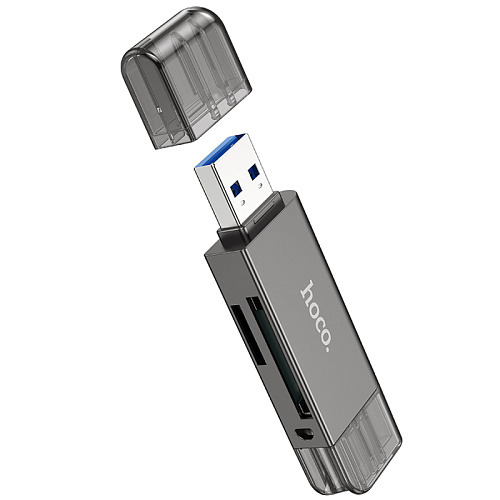 Картридер, USB/Type-C 3.0, HB39, HOCO, поддержка TF/SD карт, серый