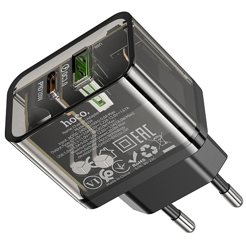 Сетевое зарядное устройство, 1 PD 20W + 1 USB 3.0 QC (N34), HOCO, прозрачный черный