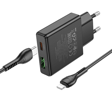 Сетевое зарядное устройство, 1 PD 20W + 1 USB 3.0 QC (N38), HOCO, Type-C to Lightning, черный