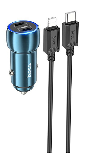 Автомобильное зарядное устройство, 2 PD 40W (Z48), HOCO, кабель Type-C to Lightning, синий
