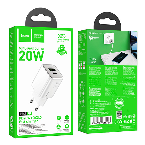 Сетевое зарядное устройство, 1 PD 20W + 1 USB 3.0 QC (N46), HOCO, белый