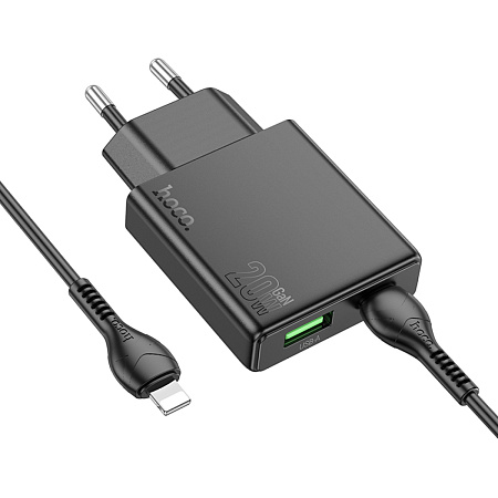 Сетевое зарядное устройство, 1 PD 20W + 1 USB 3.0 QC (N38), HOCO, Type-C to Lightning, черный