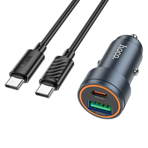Автомобильное зарядное устройство, 1 USB QC3.0 18W, 1 PD 30W (Z57A), HOCO, кабель Type-C to Type-C, серый
