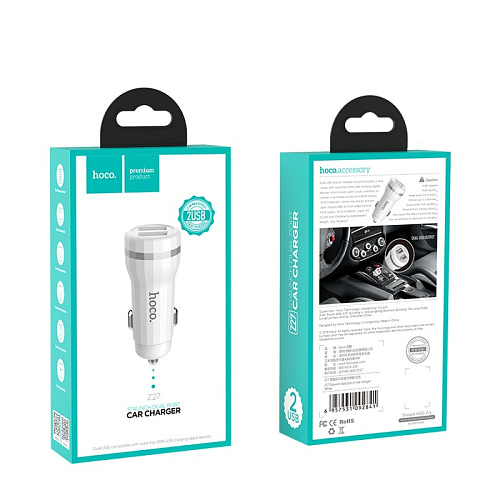 Автомобильное зарядное устройство, 2 USB 2.4A (Z27), HOCO, белый