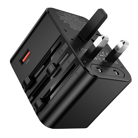 Переходник на розетку (все виды), 2 PD+1 USB, AC31, HOCO, черный