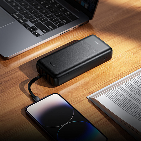 Универсальный Доп. Аккумулятор 20000mAh, J163A, HOCO, выход: 2 USB, 1 PD (20W), кабель: Type-C, Lightning, Micro, черный