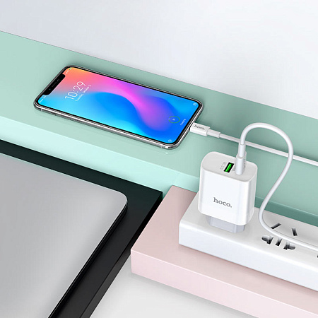 Сетевое зарядное устройство, 1 PD 20W + 1 USB 3.0 QC (C80A), HOCO, Type-C to Type-C, белый