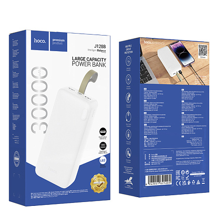Универсальный Доп. Аккумулятор 30000mAh, J128B, HOCO, выход: 2 USB (5V/2A), белый