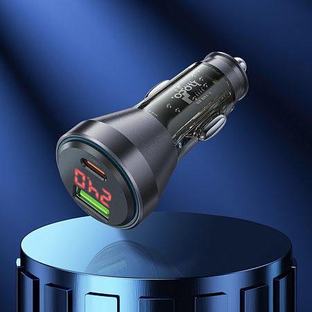 Автомобильное зарядное устройство, 1 USB QC3.0 18W, 1 PD 30W (NZ12B), HOCO, Type-С to Lightning, черный с прозрачным