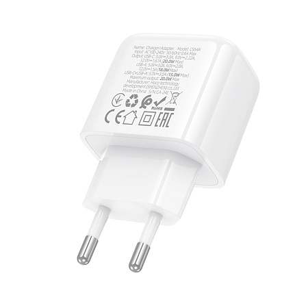 Сетевое зарядное устройство, 1 USB 3.0 QC+1 PD 20W (CS54A), HOCO, белый