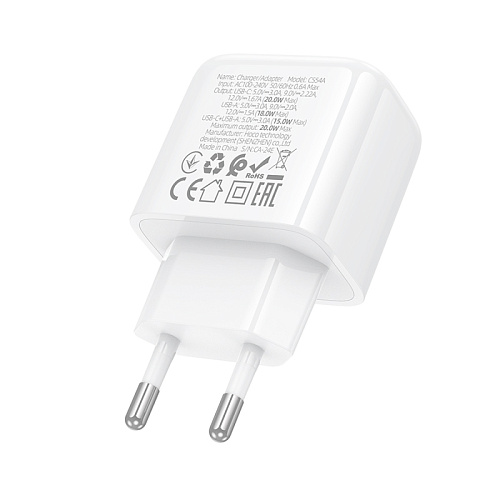 Сетевое зарядное устройство, 1 PD 20W + 1 USB 3.0 QC (CS54A), HOCO, белый