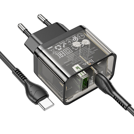 Сетевое зарядное устройство, 1 PD 20W + 1 USB 3.0 QC (N34), HOCO, Type-C to Type-C, прозрачный черный