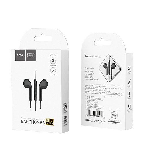 Проводные наушники M55  Memory sound wire control, HOCO, черные