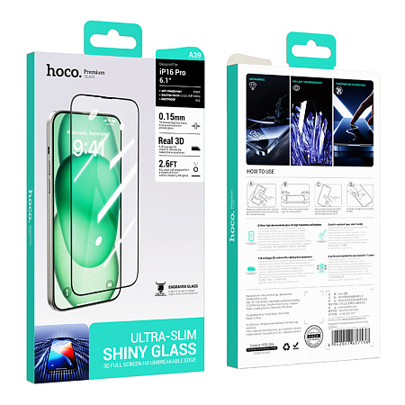 Защитное стекло для iPhone 16 Pro, A39, HOCO, Engraved 3D HD tempered glass 0.15mm, черное
