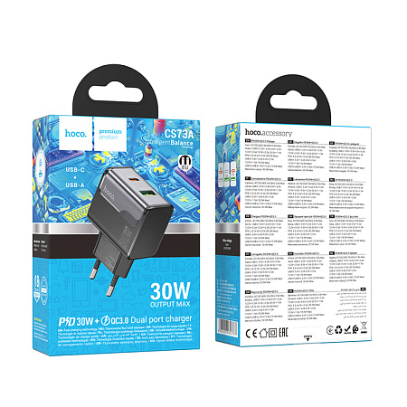 Сетевое зарядное устройство, 1 PD 30W + 1 USB 3.0 QC (CS73A), HOCO, черный