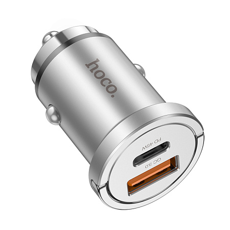 Автомобильное зарядное устройство, 1 USB QC3.0+1 PD 45W (NZ10), HOCO, серебряный