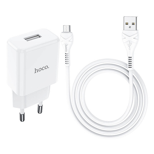Сетевое зарядное устройство, 1 USB 2.1A (N9), HOCO, Micro, Fast Charge, Безопасный сертификат, белый