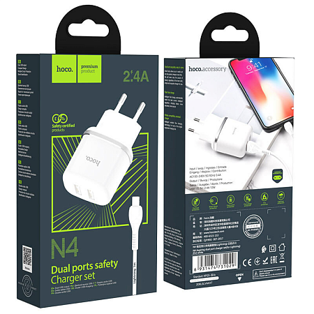 Сетевое зарядное устройство, 2 USB 2.4A 12W (N4), HOCO, Lightning, Умная зарядка, белый