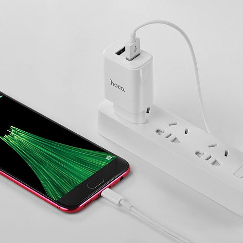 Сетевое зарядное устройство, 2 USB 2.1A (C62A), HOCO, Micro, Умная зарядка, белый
