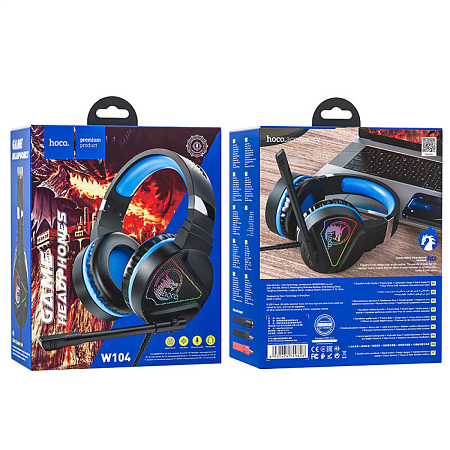 Проводные наушники W104, HOCO, игровые с микрофоном, черные с синим
