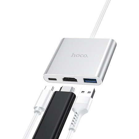 USB Хаб (HB14) c 1 Type-C на USB 3.0+HDMI+PD, HOCO, серебро