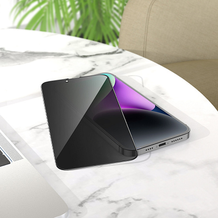 Защитное стекло на iPhone 13 Pro Max (6.7)/14 Plus, A12 Pro, HOCO, Privacy Nano 3D full screen edges, черное