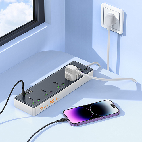 Сетевой фильтр на 5 розеток+3 USB+1 PD, 1.5м, AC13A, HOCO, черный