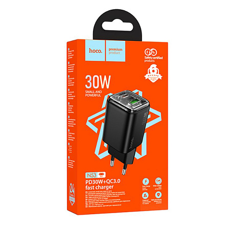 Сетевое зарядное устройство, 1 PD 30W + 1 USB 3.0 QC (N53), HOCO, черный