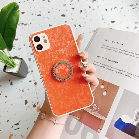 Чехол силиконовый для iPhone 13 mini (5.4), с подставкой кольцом на палец со стразами, X-CASE, оранжевый