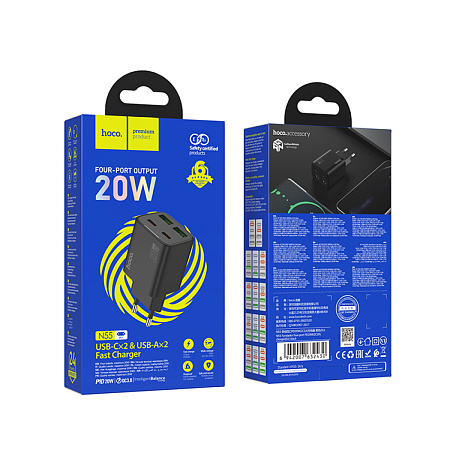 Сетевое зарядное устройство, 2 USB 3.0 QC+2 PD 20W (N55), HOCO, черный