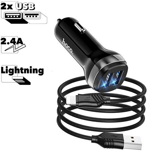 Автомобильное зарядное устройство, 2 USB 2.4A (Z40), usb cable lightning, HOCO, черный