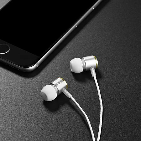 Проводные наушники M42 Ice rhyme wire control, HOCO, вакуумные с микрофоном, серебро