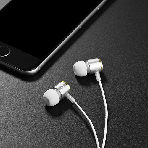Проводные наушники M42 Ice rhyme wire control, HOCO, вакуумные с микрофоном, серебро