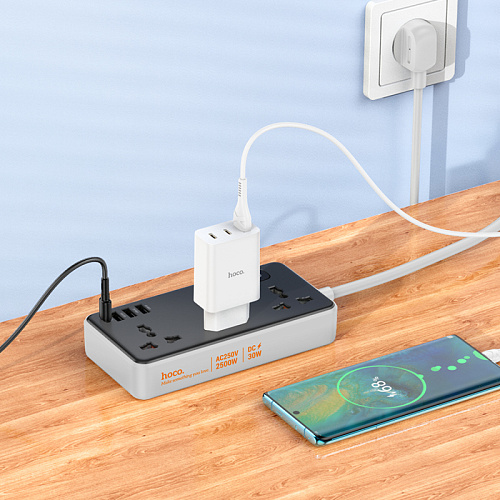 Сетевой фильтр на 3 розетки, 1 USB (18W QC)+ 2 USB, 1 PD (30W), 1.5м, AC8A, HOCO, черный