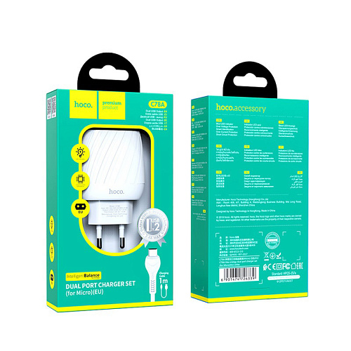 Сетевое зарядное устройство, 2 USB 2.4A (C78A), HOCO, Micro, белый