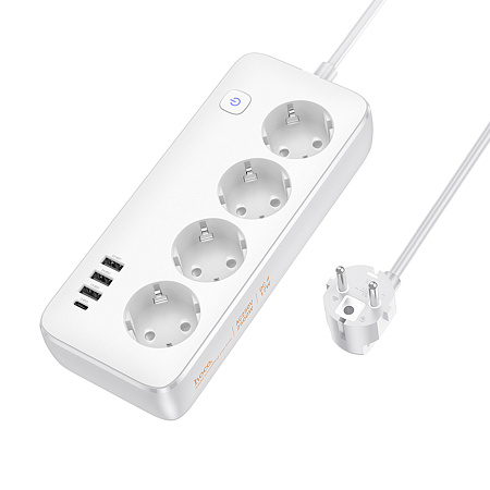 Сетевой фильтр на 4 розетки+3 USB+1 PD, 1.5 м, AC21, Sunlight, HOCO, белый
